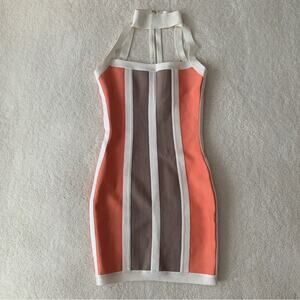 HOUSE OF CB Shah Bodycon Sexy Cut Out Orange Brown White Stripe Strap Mini Dress